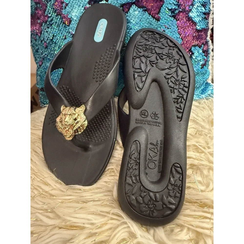 New Okab Black Licorice Gold Lion Head Rubber Flip Flop Thong Sandals Womens M/L